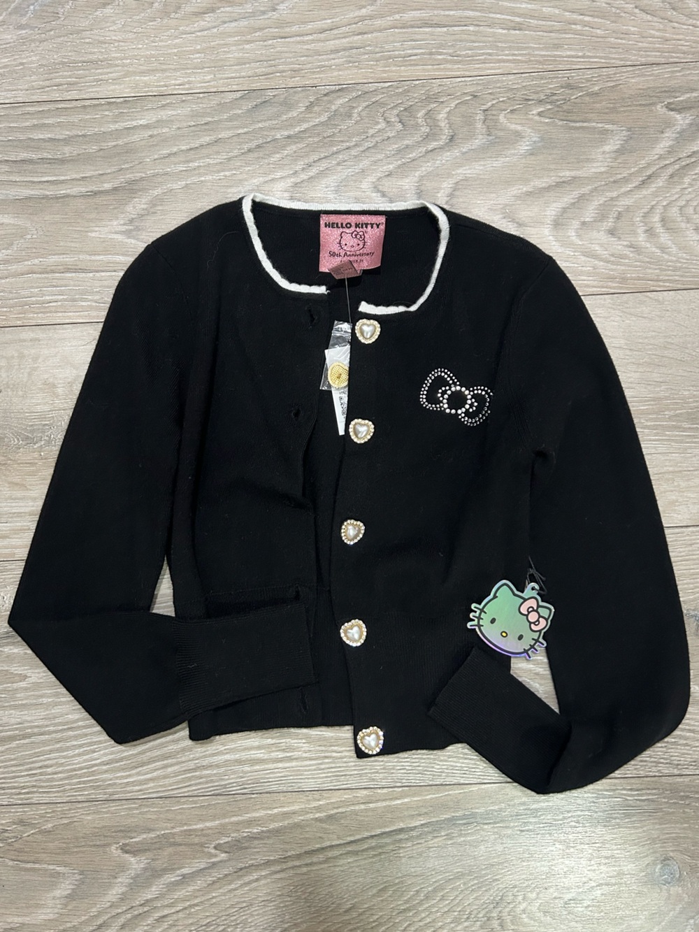Hello Kitty Black Cardigan with Pearl Heart Buttons